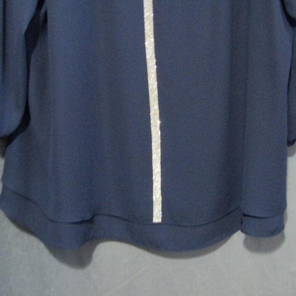 JM Collection Blue Rhinestone Top Size XXL 3/4 Elastic Sleeves Semi Sheer Bling - Picture 3 of 9